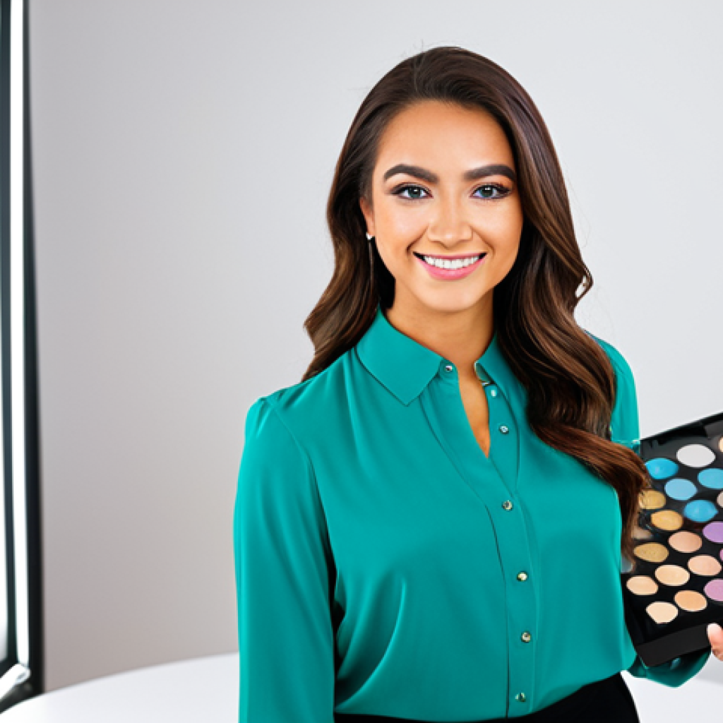 A professional female beauty expert, wearing a modest, stylish blouse and professional trousers, stands in a brightly lit, clean beauty studio. She holds an open, vibrantly colored eyeshadow palette (similar to compact, travel-friendly palettes known for impactful shimmers, like e.l.f. Cosmetics Bite-Size Eyeshadow Palettes) in one hand, looking directly at the camera with a friendly, professional expression. The background features a blurred, modern studio setup with soft, diffused lighting. fully clothed, appropriate attire, safe for work, appropriate content, professional dress, perfect anatomy, correct proportions, natural pose, well-formed hands, proper finger count, natural body proportions, high quality, studio photography.