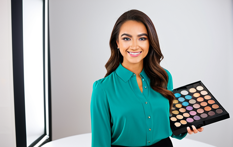 A professional female beauty expert, wearing a modest, stylish blouse and professional trousers, stands in a brightly lit, clean beauty studio. She holds an open, vibrantly colored eyeshadow palette (similar to compact, travel-friendly palettes known for impactful shimmers, like e.l.f. Cosmetics Bite-Size Eyeshadow Palettes) in one hand, looking directly at the camera with a friendly, professional expression. The background features a blurred, modern studio setup with soft, diffused lighting. fully clothed, appropriate attire, safe for work, appropriate content, professional dress, perfect anatomy, correct proportions, natural pose, well-formed hands, proper finger count, natural body proportions, high quality, studio photography.