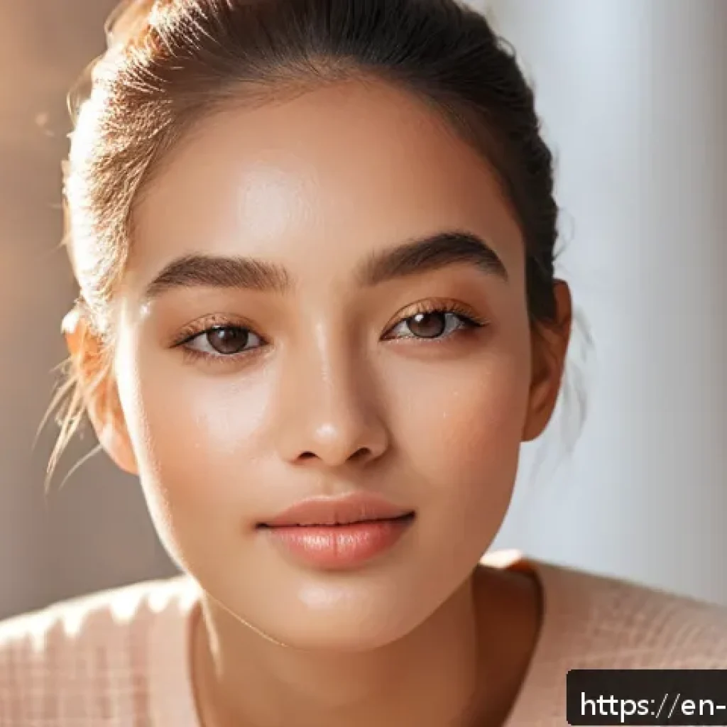 컬러 필터 메이크업 팁 - A close-up portrait of a young woman with medium skin tone applying a warm amber color filter on her...