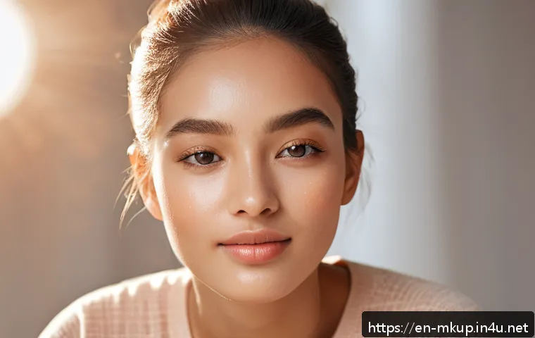 컬러 필터 메이크업 팁 - A close-up portrait of a young woman with medium skin tone applying a warm amber color filter on her...