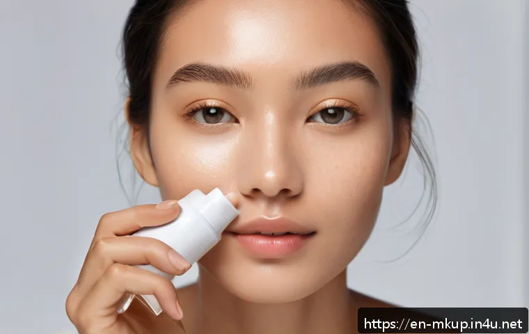유분 조절 세팅 스프레이 추천 - A close-up portrait of a young woman with combination skin applying a lightweight, misty oil-control...