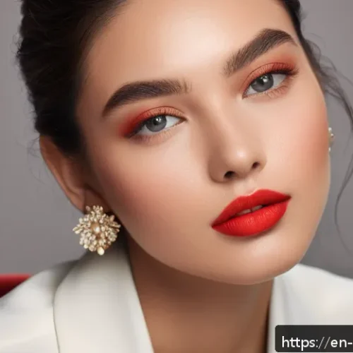 크리미 텍스처 립스틱 추천 - A close-up portrait of a confident young woman applying creamy semi-matte lipstick in a vibrant red ...