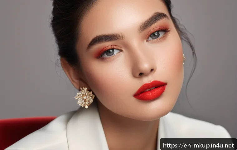 크리미 텍스처 립스틱 추천 - A close-up portrait of a confident young woman applying creamy semi-matte lipstick in a vibrant red ...