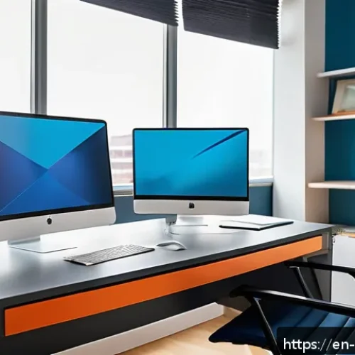 컬러 코렉팅 팔레트 사용법 - A modern workspace scene featuring a sleek computer desk with dual monitors displaying complementary...