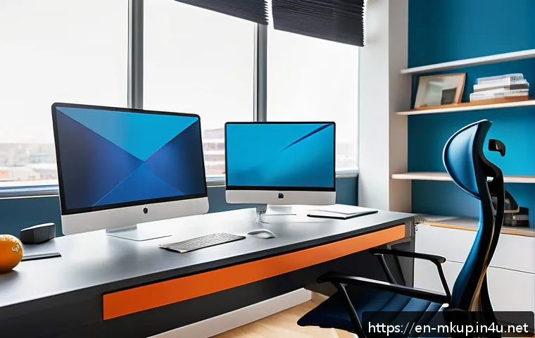 컬러 코렉팅 팔레트 사용법 - A modern workspace scene featuring a sleek computer desk with dual monitors displaying complementary...