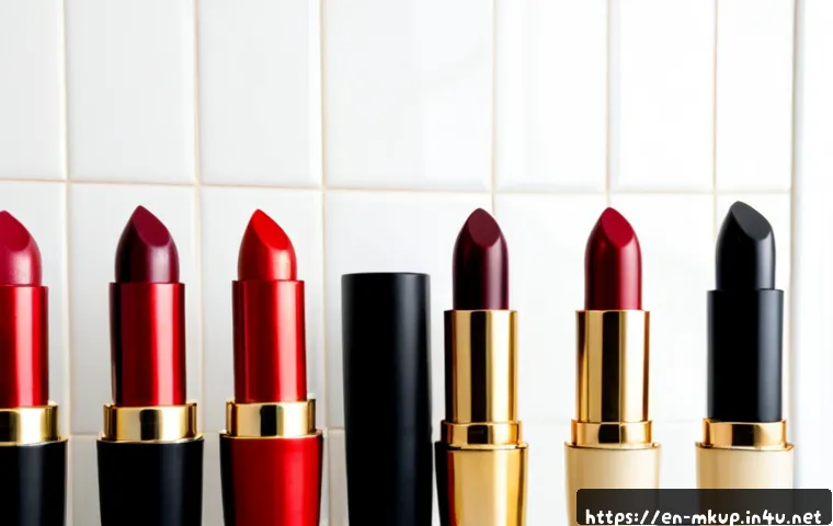 샤넬 레드 립스틱 컬렉션 비교 - Photorealistic luxury red lipstick collection comparison on a clean ivory vanity, four unbranded bla...